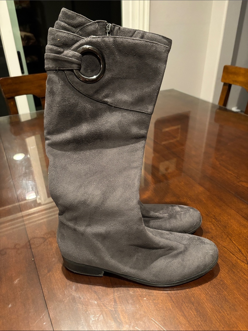 Impo Gray Faux Suede Knee-High Boots with Round Buckle